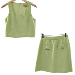 Taylor Light Green Tweed Sleeveless Top and Mini Skirt Set Womens Size 4